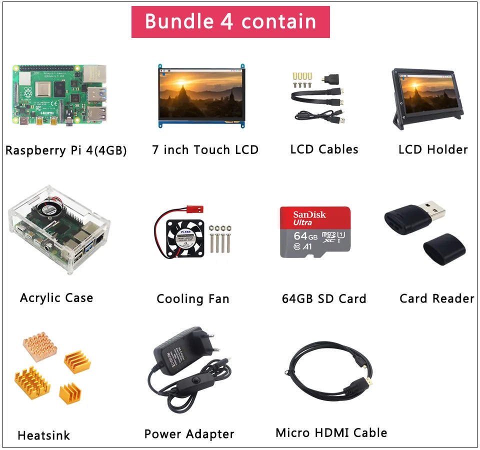 Raspberry Pi 4 Model B 6432gb Sd Card Kit 7inch Touch Screen Lcd Holder Micro Hdmi Fan Heat Sink Power Supply - 5 Raspberry Pi 4 Model B 6432gb Sd Card Kit 7inch Touch Screen Lcd Holder Micro Hdmi Fan Heat Sink Power Supply - 5