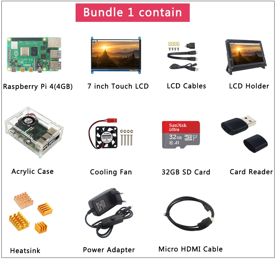 Raspberry Pi 4 Model B 6432gb Sd Card Kit 7inch Touch Screen Lcd Holder Micro Hdmi Fan Heat Sink Power Supply - 2 Raspberry Pi 4 Model B 6432gb Sd Card Kit 7inch Touch Screen Lcd Holder Micro Hdmi Fan Heat Sink Power Supply - 2