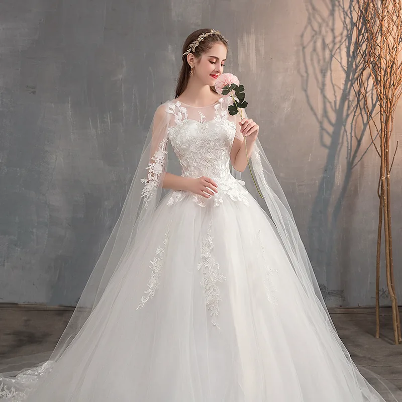 Embroidered Princess Bridal Gown Chinese Wedding Dress With Long Cap Lace Train Plus Size - 4 Embroidered Princess Bridal Gown Chinese Wedding Dress With Long Cap Lace Train Plus Size - 4