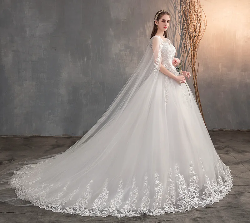 Embroidered Princess Bridal Gown Chinese Wedding Dress With Long Cap Lace Train Plus Size - 6 Embroidered Princess Bridal Gown Chinese Wedding Dress With Long Cap Lace Train Plus Size - 6