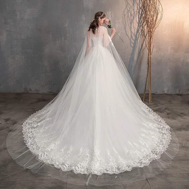 Embroidered Princess Bridal Gown Chinese Wedding Dress With Long Cap Lace Train Plus Size - 9 Embroidered Princess Bridal Gown Chinese Wedding Dress With Long Cap Lace Train Plus Size - 9