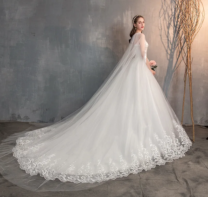 Embroidered Princess Bridal Gown Chinese Wedding Dress With Long Cap Lace Train Plus Size - 11 Embroidered Princess Bridal Gown Chinese Wedding Dress With Long Cap Lace Train Plus Size - 11