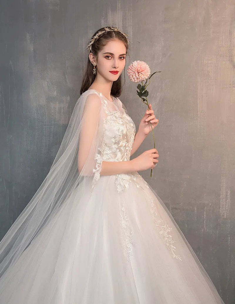 Embroidered Princess Bridal Gown Chinese Wedding Dress With Long Cap Lace Train Plus Size - 12 Embroidered Princess Bridal Gown Chinese Wedding Dress With Long Cap Lace Train Plus Size - 12
