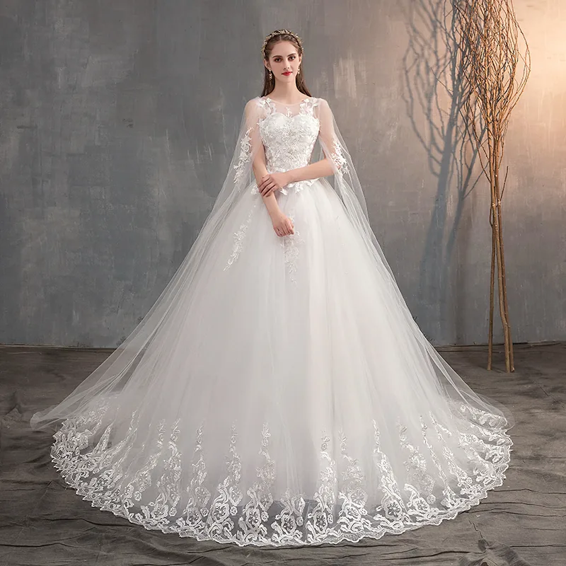 Embroidered Princess Bridal Gown Chinese Wedding Dress With Long Cap Lace Train Plus Size - 2 Embroidered Princess Bridal Gown Chinese Wedding Dress With Long Cap Lace Train Plus Size - 2