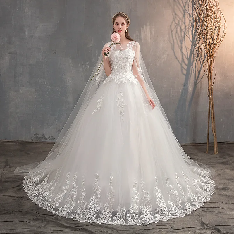 Embroidered Princess Bridal Gown Chinese Wedding Dress With Long Cap Lace Train Plus Size - 3 Embroidered Princess Bridal Gown Chinese Wedding Dress With Long Cap Lace Train Plus Size - 3