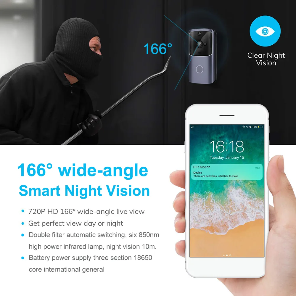 Wifi Doorbell With Video Intercom Wireless Camera Monitor Remote Control Batterypowered Compatible With Ios And Android - 2
