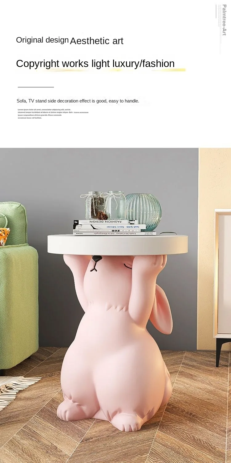 Creative Rabbit Statue Round Side Table For Living Room Decor - 11