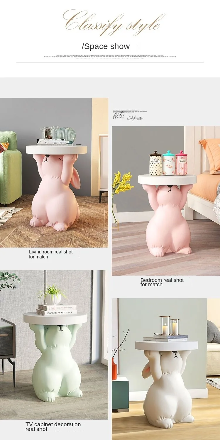 Creative Rabbit Statue Round Side Table For Living Room Decor - 9