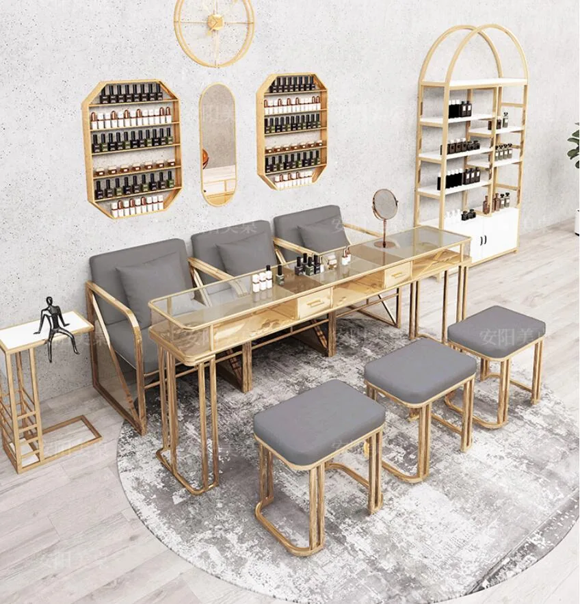 Professional Manicure Table Chair Set With Iron Frame Marble Glass Surface - 12 Professional Manicure Table Chair Set With Iron Frame Marble Glass Surface - 12
