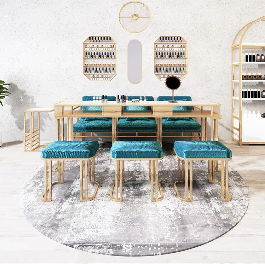 Professional Manicure Table Chair Set With Iron Frame Marble Glass Surface - 8 Professional Manicure Table Chair Set With Iron Frame Marble Glass Surface - 8