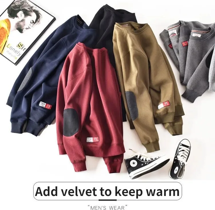 Mens Solid Color Fleece Pullover Sweater With Elbow Pads For Winter - 9